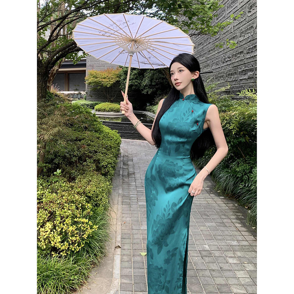 孔雀蓝绿显白新中式港工印花长款旗袍国风立领盘扣长款连衣裙夏季