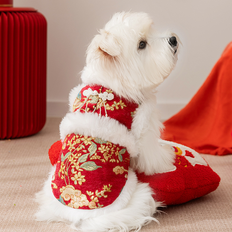 新年狗狗猫咪衣服加绒保暖新年唐装马甲过年宠物衣服幼犬秋冬款