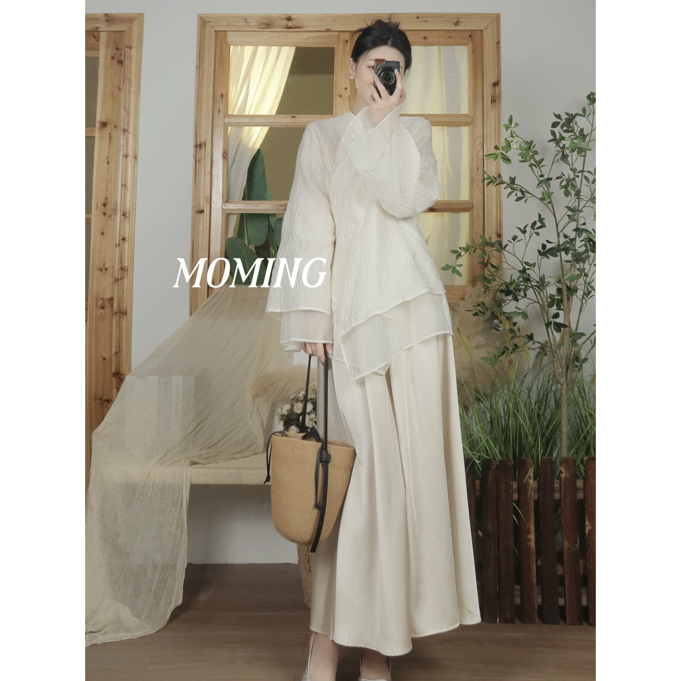 MOMING春季新品 慵懒 新中式设计师款纯色缎感收腰鱼尾半裙  