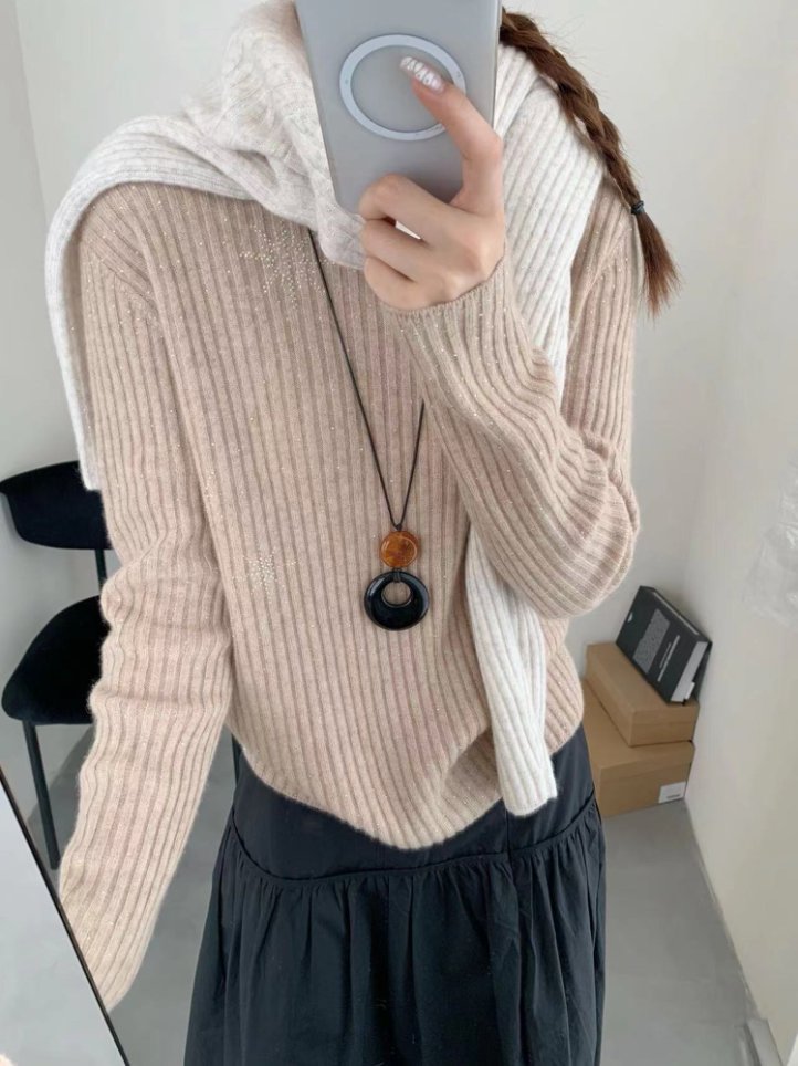 【潘潘.528826不可机洗】秋冬羊驼毛+山羊绒半高领海星烫钻女针织衫