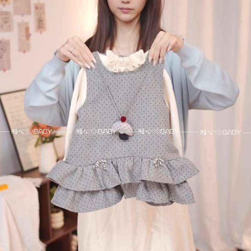 【湉心】女童秋冬2025新款灰色波点毛妮加绒可爱荷叶边连衣裙套装