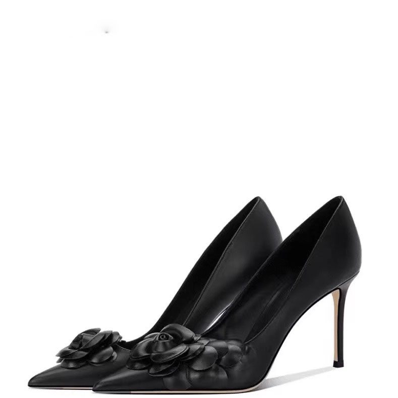 2025春秋新款山茶花尖头细跟高跟鞋女黑色真皮气质中跟单鞋不累脚