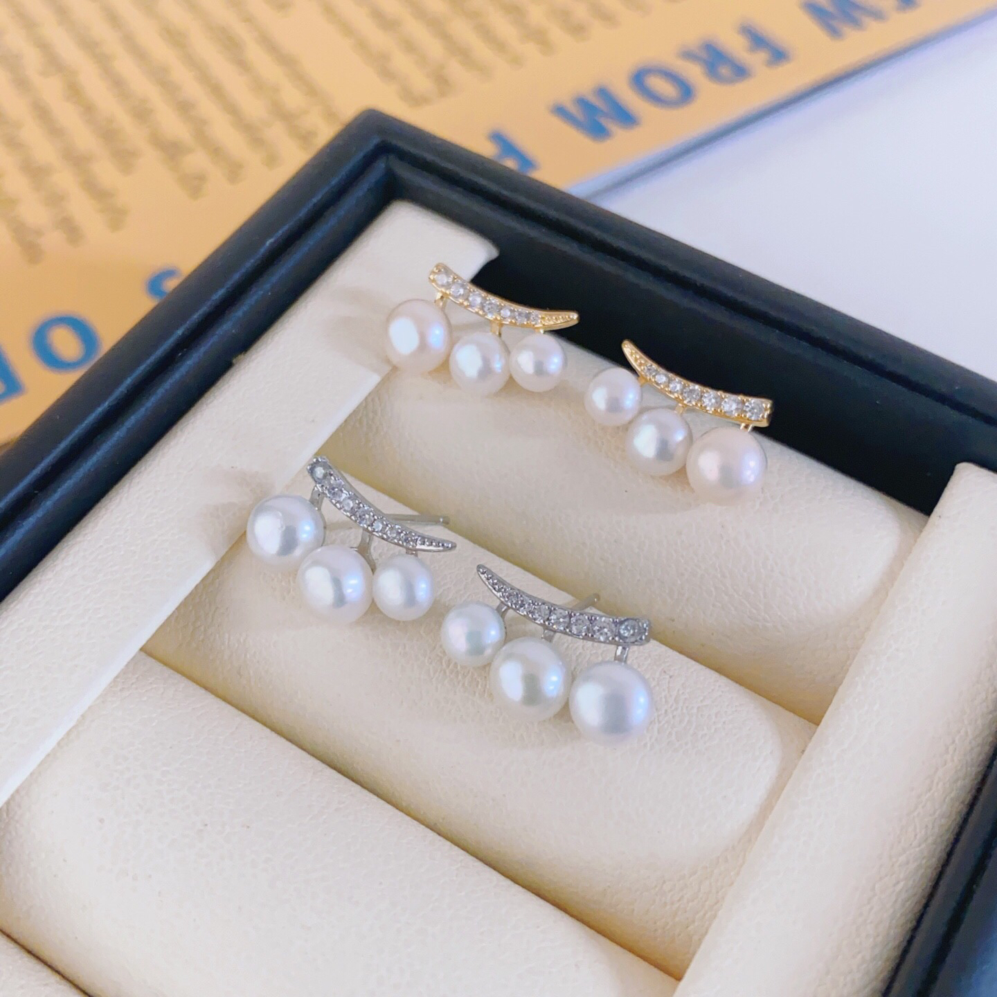 纯铜锆石耳饰 简约轻奢小众淡水珠气质百搭耳钉金色143