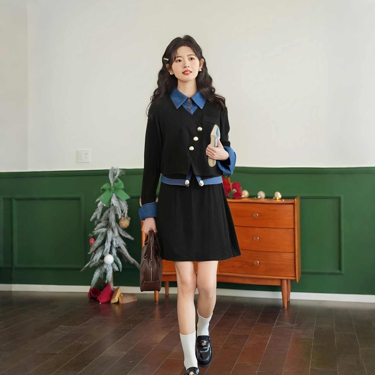 A【两件套】2025春秋新法式赫本风气质显瘦外套半身裙时尚套装2105