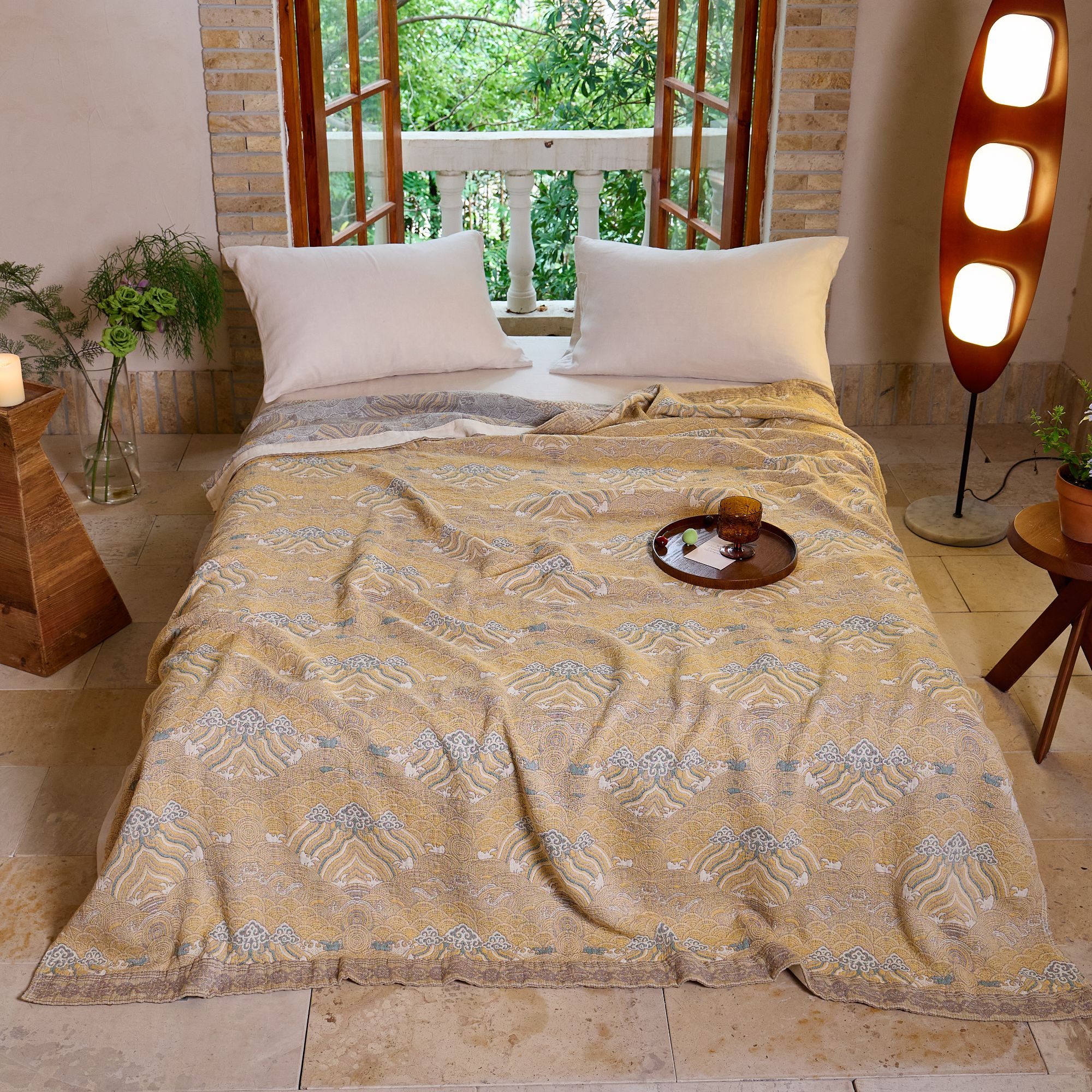 九霄云纹金色野生火纱布床盖200*230cm