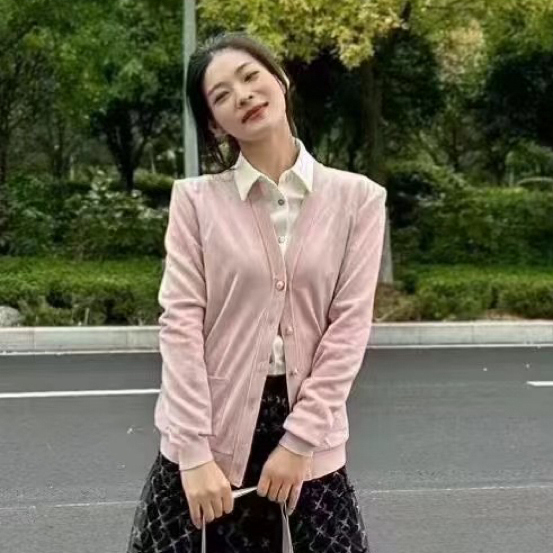 麂皮绒拼接针织开衫上衣