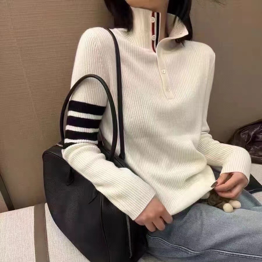 纯色针织常规袖POLO领厚款衫毛衣秋冬堆堆领修身