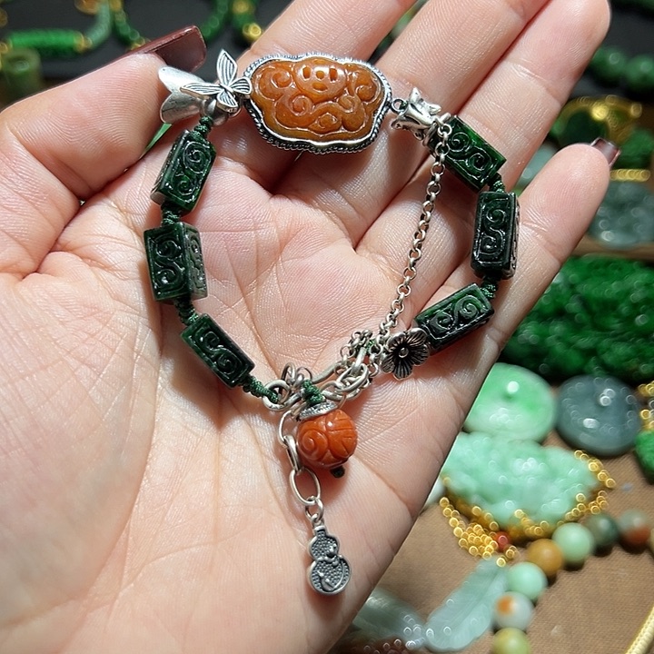 翡翠手串银S925镶嵌翡翠手串