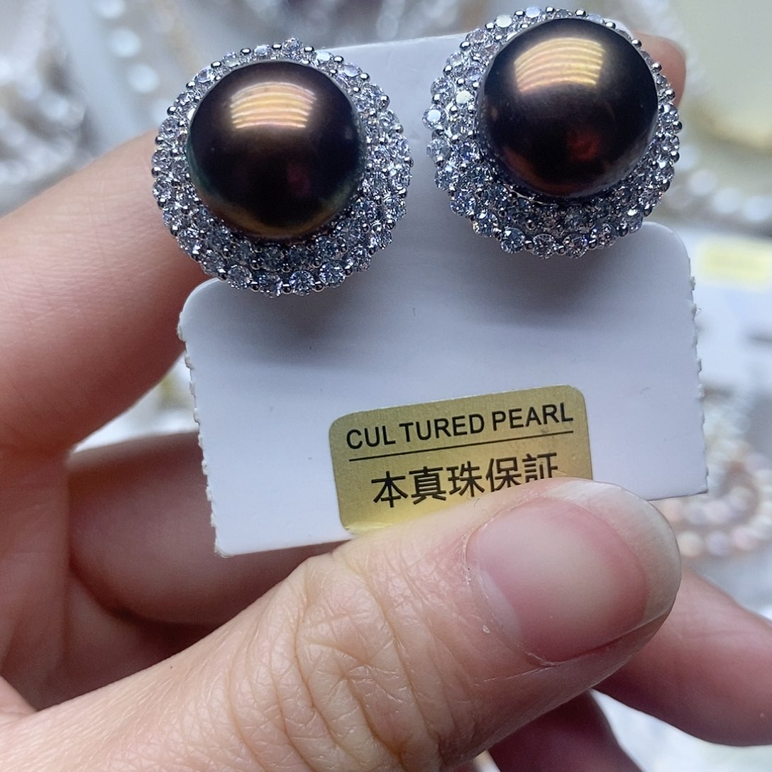 银S925镶嵌耳钉淡水珍珠