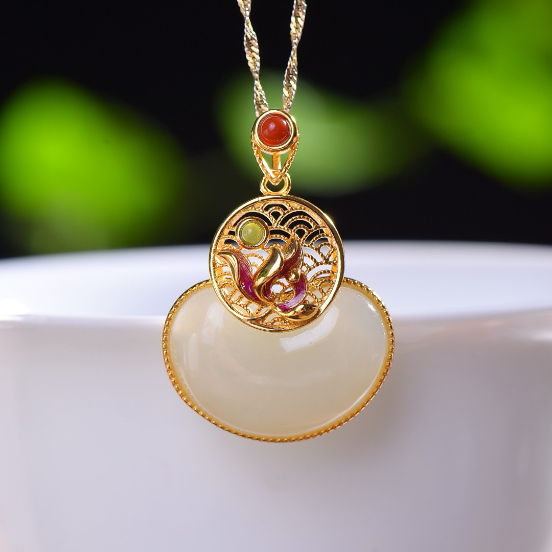 S925银镶嵌天然和田玉吊坠荷花珐琅元宝吊坠0197不含链