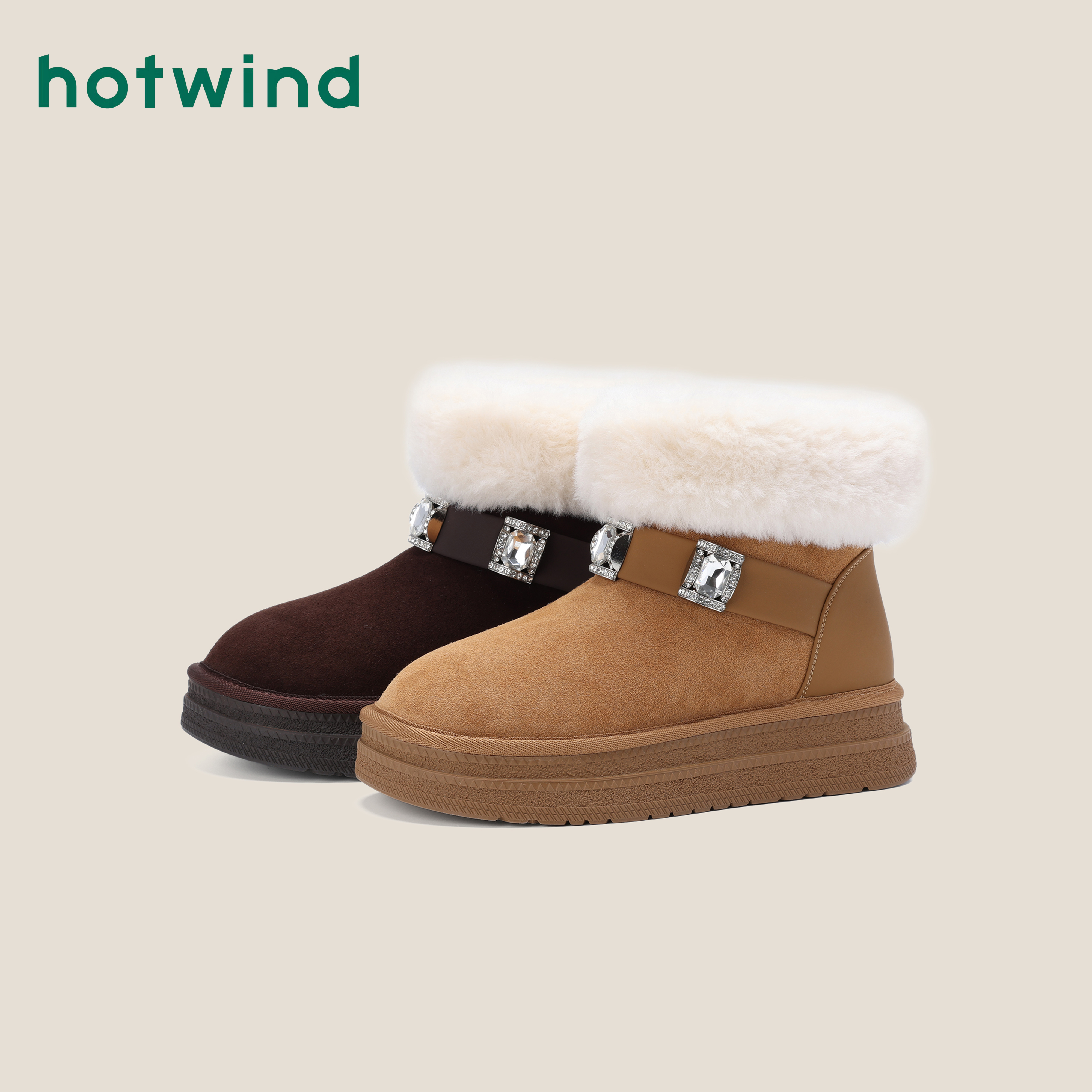 Hotwind/热风增高百搭靴子2025新款冬季短筒保暖厚底时尚雪地靴女