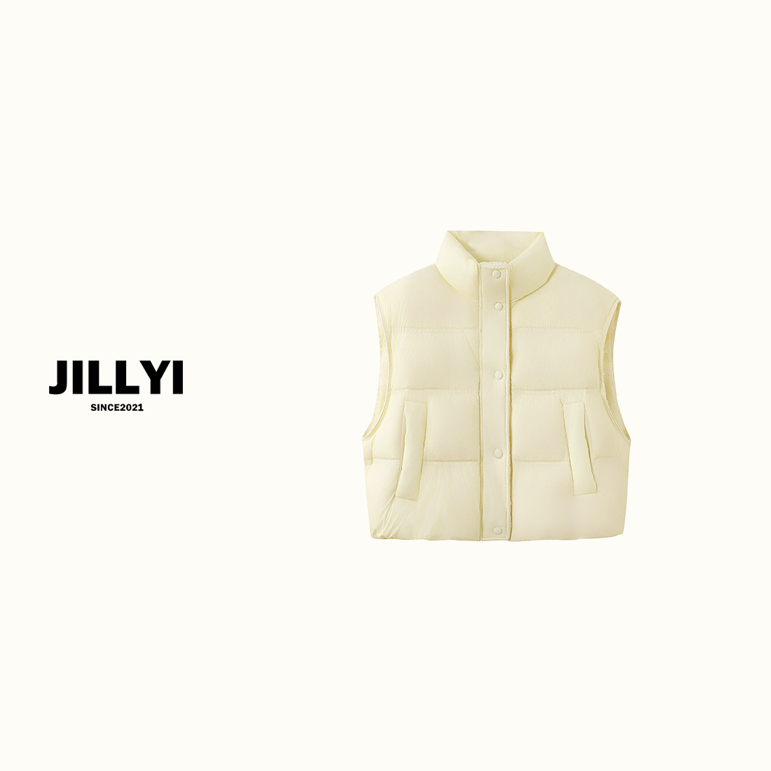 JILLYI南山店【芝士欧包】奶黄色半开领无袖羽绒马夹秋冬季保暖韩版