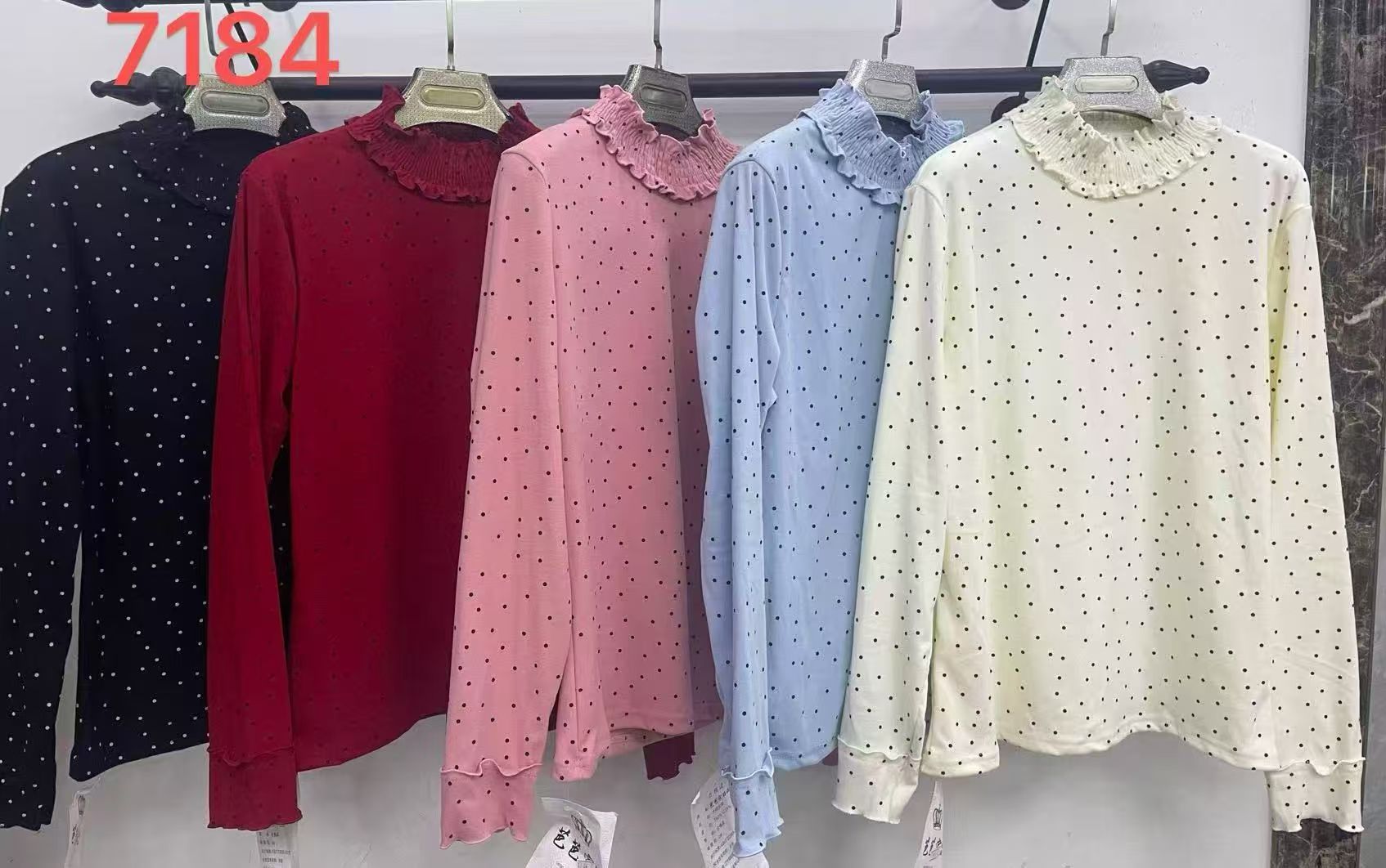 新款高领木耳边波点打底上衣双面磨毛百搭T恤洋气小衫女