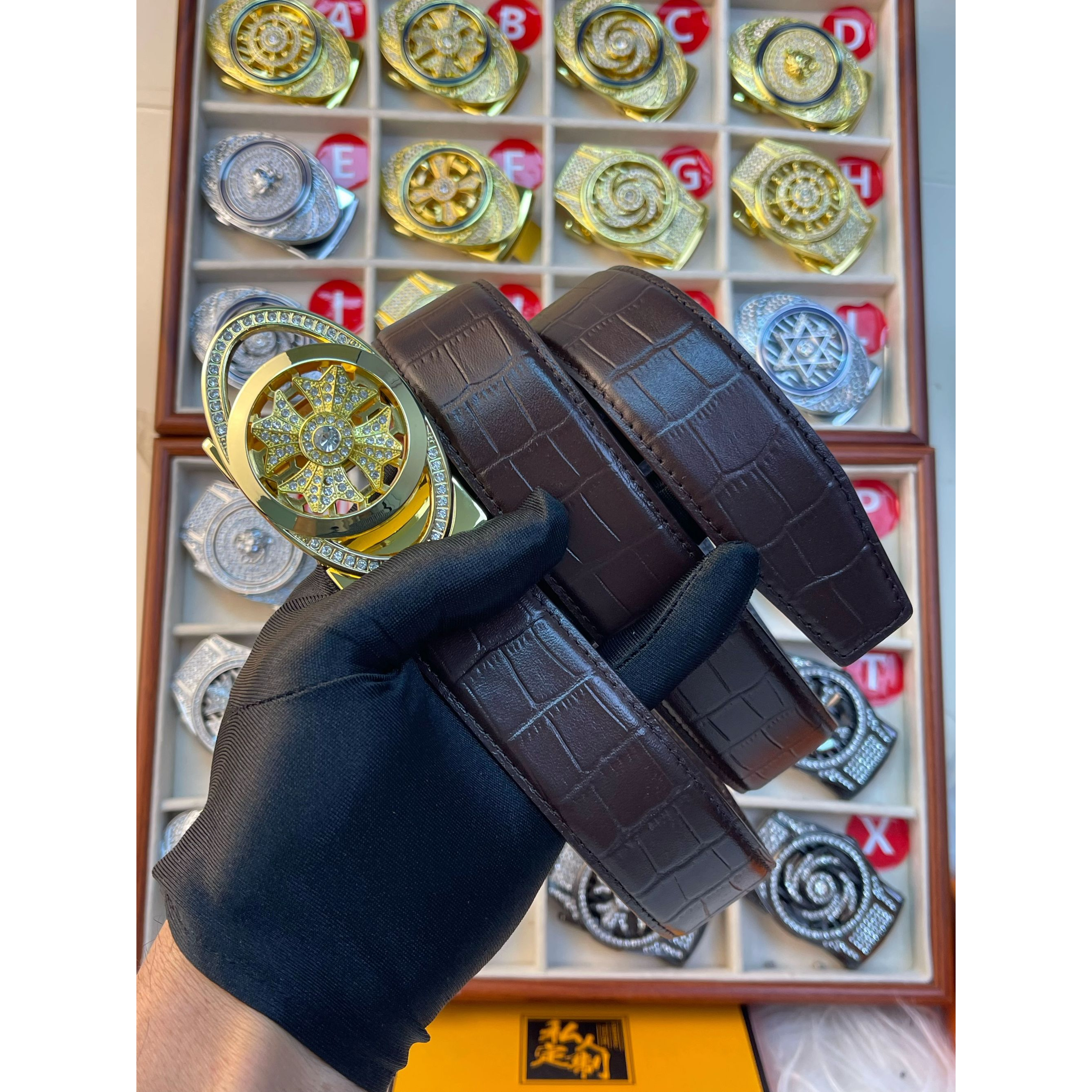 新款镶钻时来运转鳄鱼纹牛皮自动扣腰带男士商务皮带时尚休闲裤带