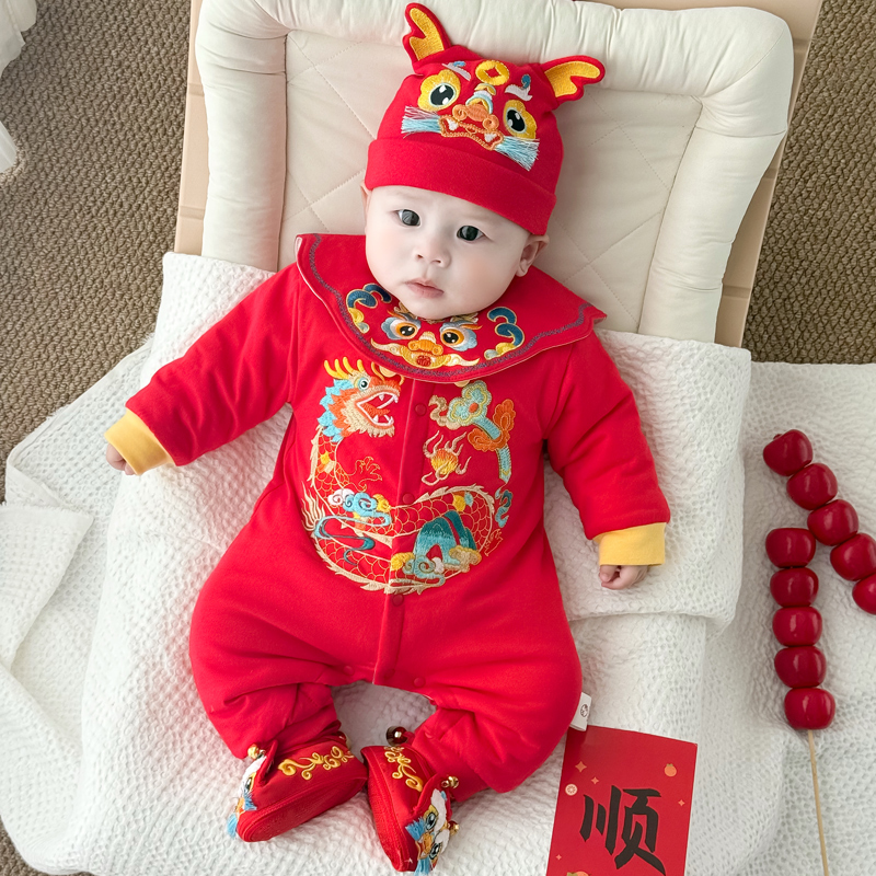 新款婴幼衣服秋冬宝宝夹棉哈衣连体衣爬爬服保暖百天周岁红色5611