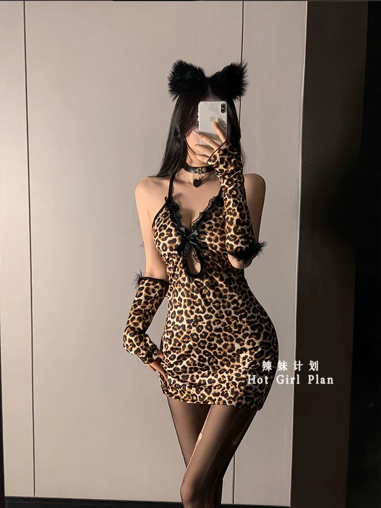 豹纹野猫【80-180斤】大码睡裙火辣吊带修身显瘦可爱纯欲家居套装
