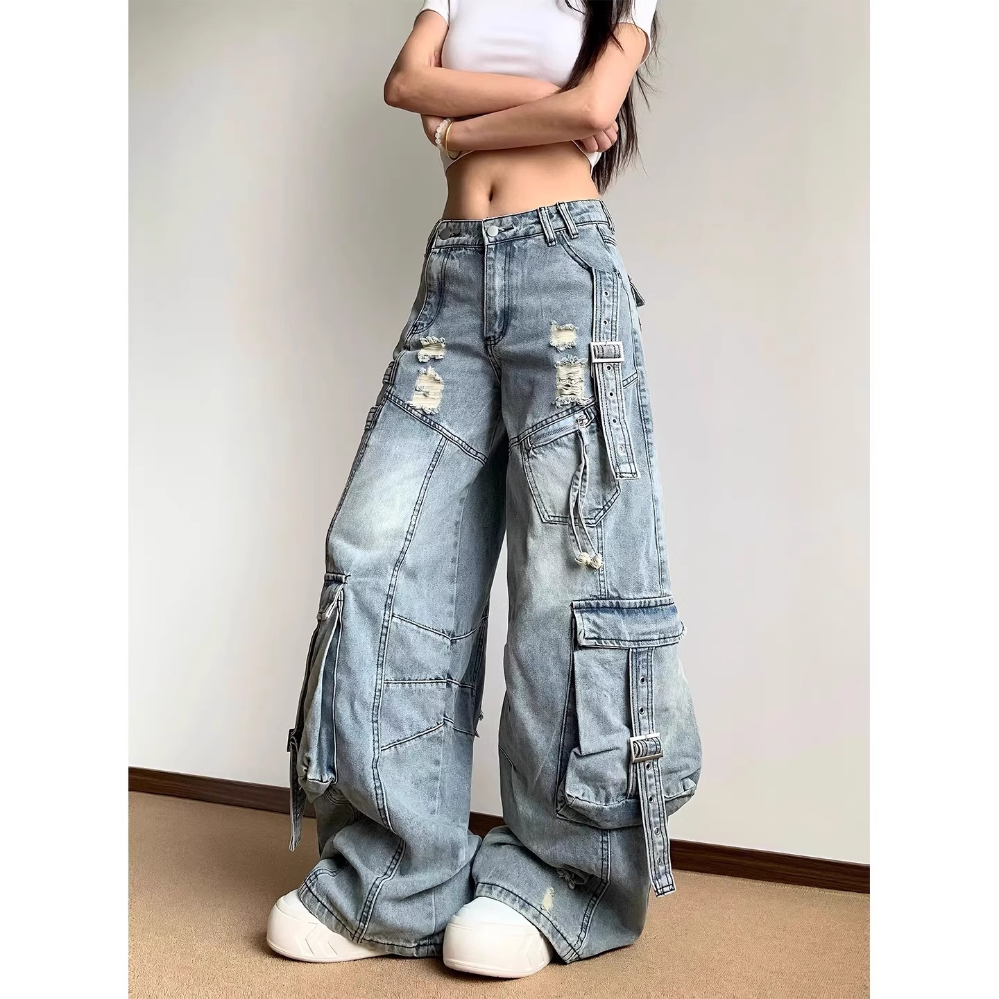 美式复古水洗重工多口袋工装牛仔裤男女设计感宽松直筒情侣阔腿裤