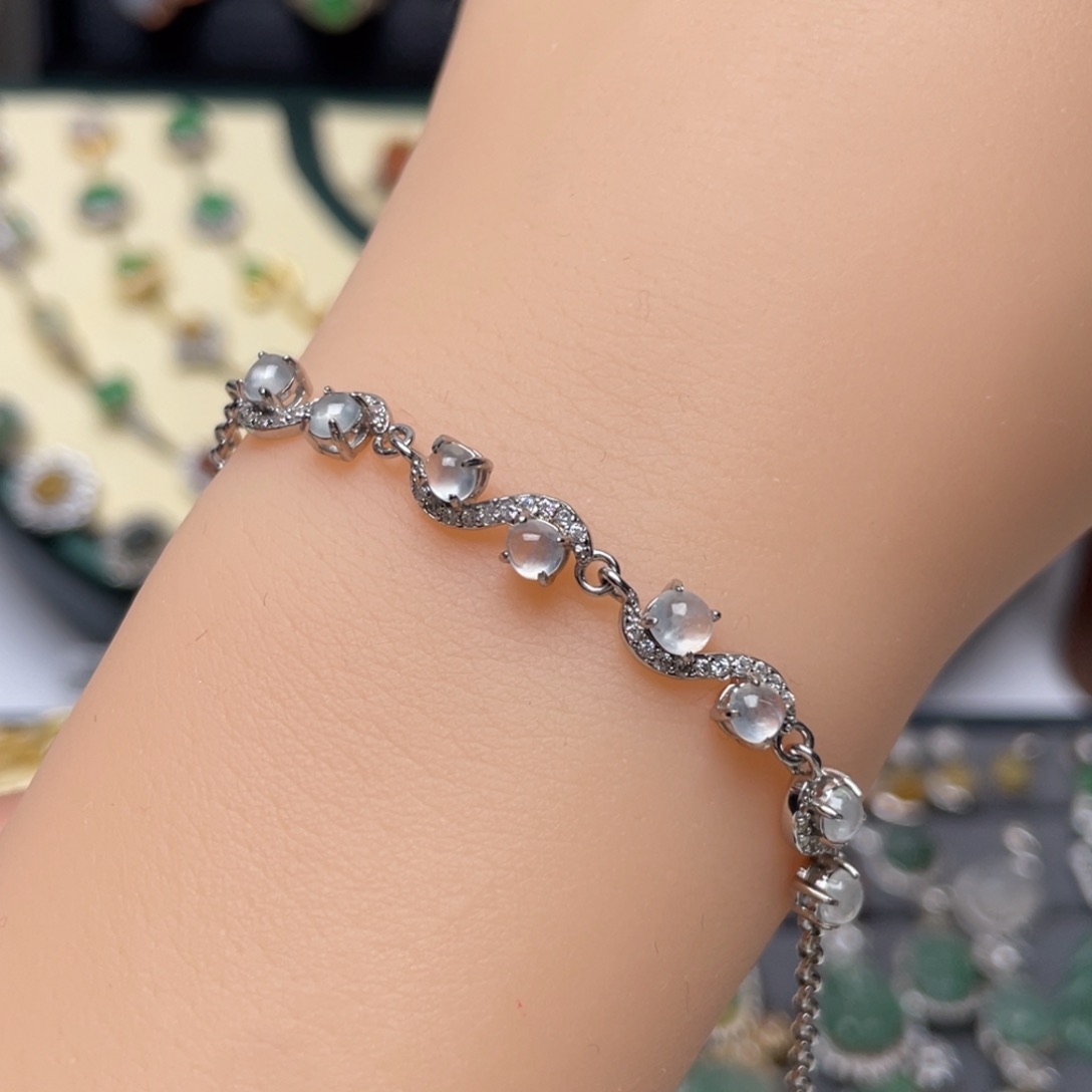 翡翠手链银S925镶嵌纯天然缅甸翡翠