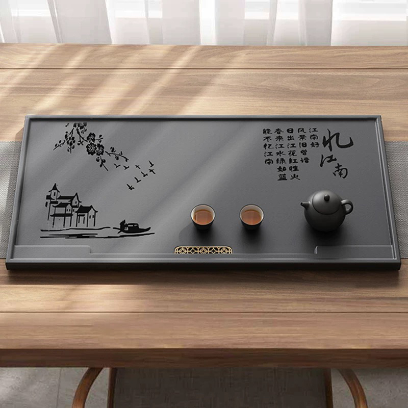 忆江南石头茶台乌金石简约茶台家用嵌入式排水办公室茶托盘石茶盘