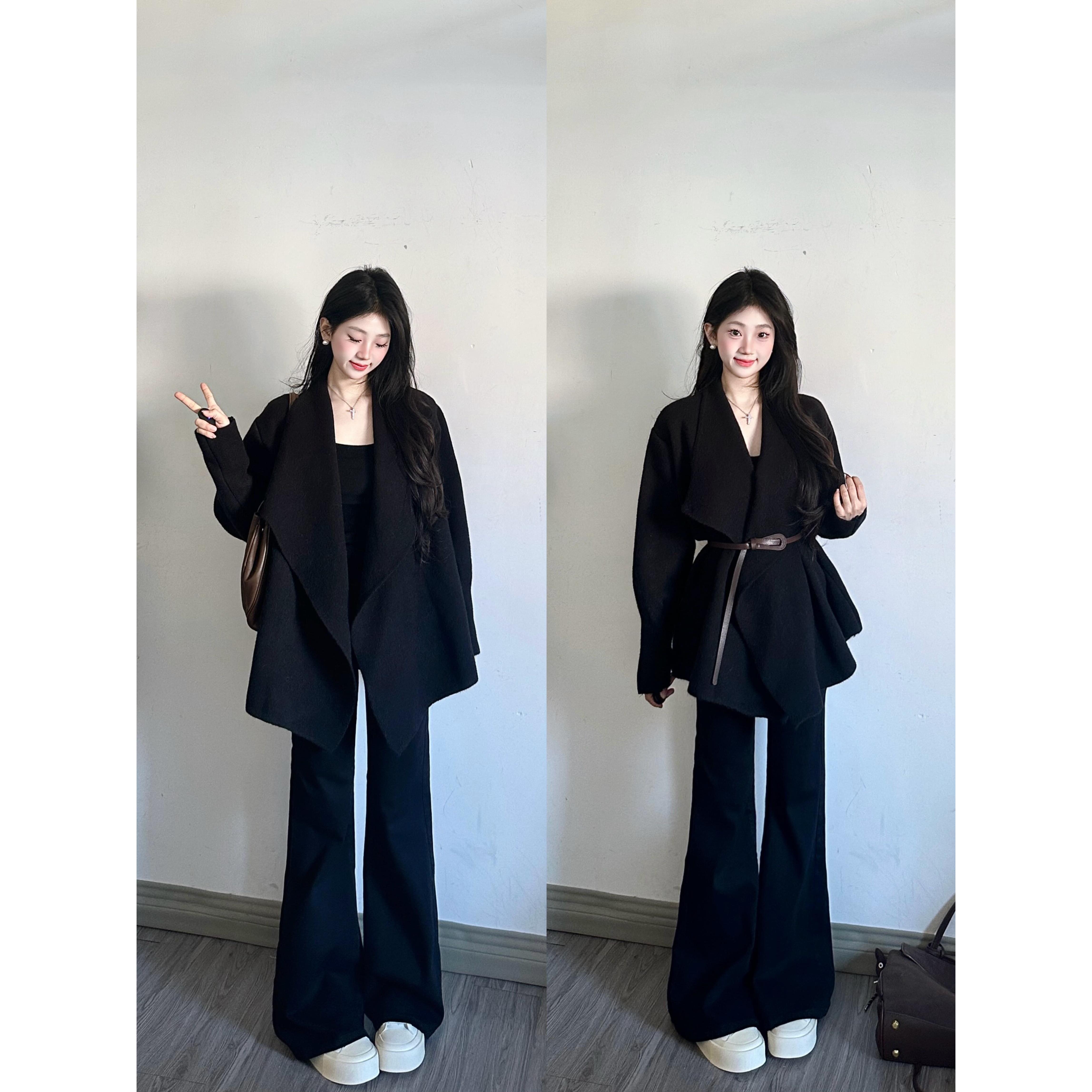 parkyeon秋季新款韩系穿搭不规则翻领外套高腰显瘦微喇休闲裤套装