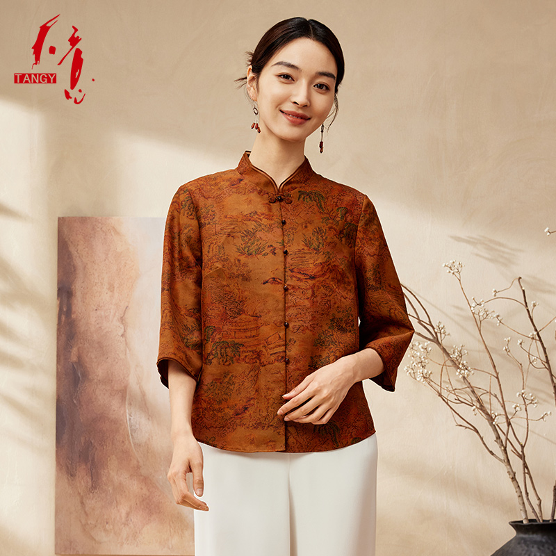 TANGY/天意2025秋季新品商场款欧若新中式盘口印花衬衫2253007