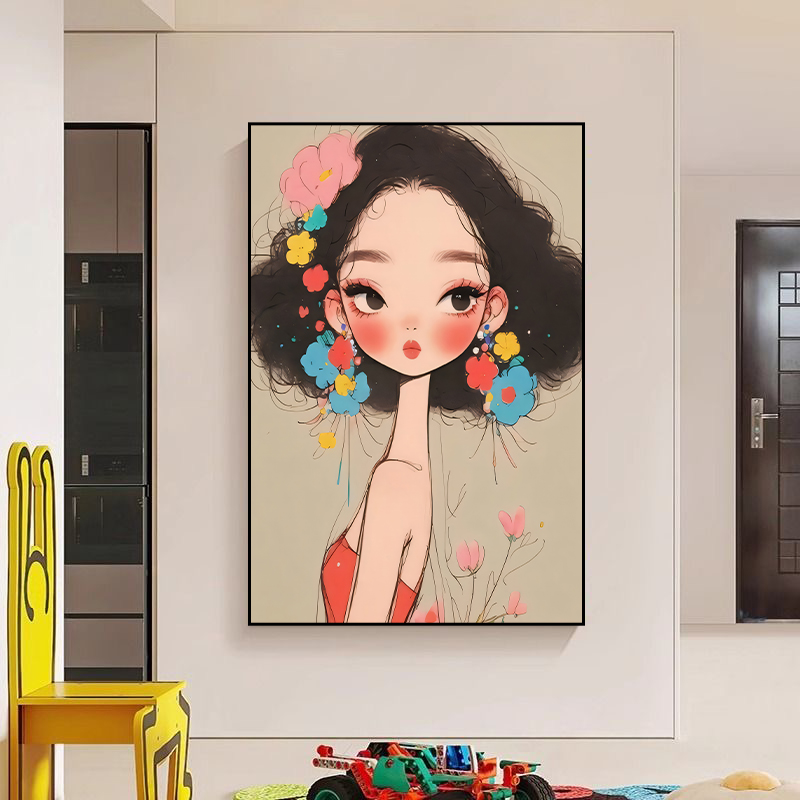 俏皮多巴胺女孩治愈装饰画ins可爱卡通儿童房卧室床头挂画Q15