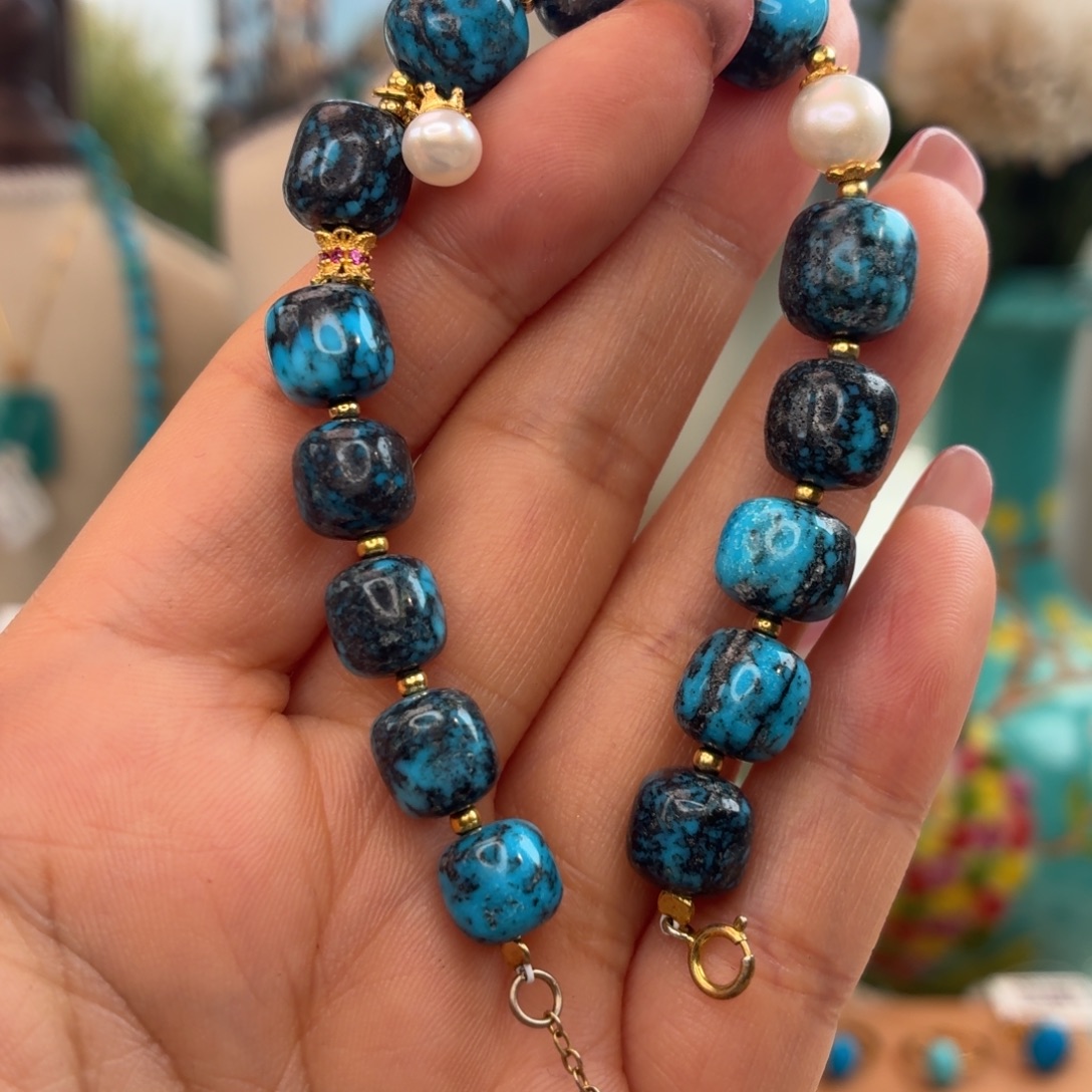 绿松石银S925镀金镶嵌手链