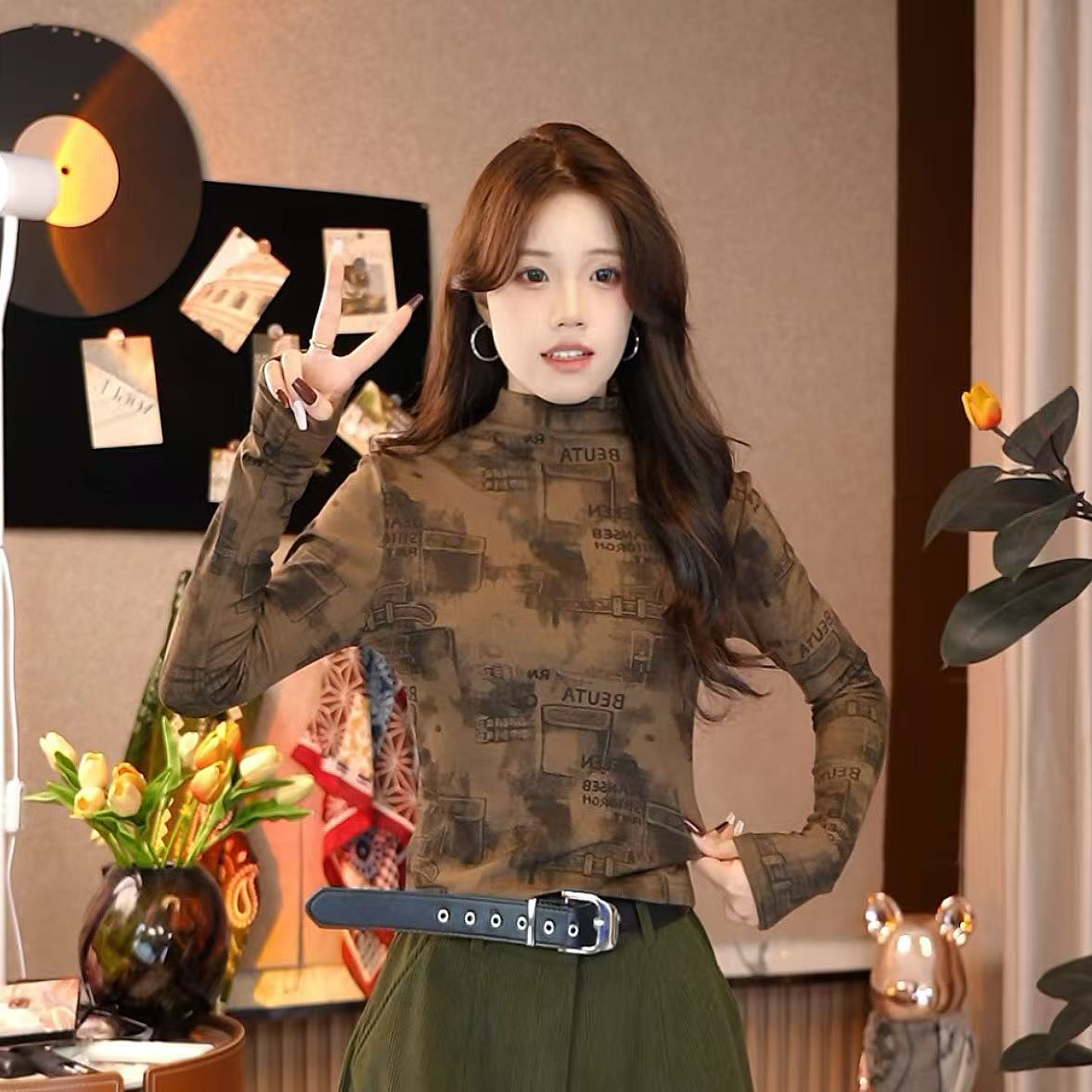 秋冬高领扎染设计修身显瘦洋气长袖上衣-时尚百搭打底衫