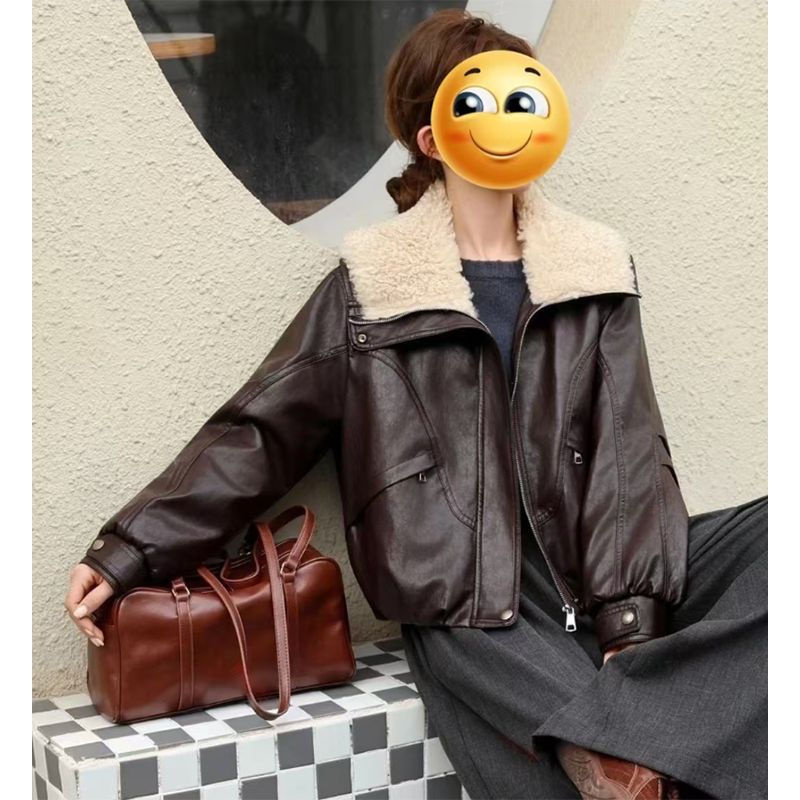 大码女装美拉德羊羔毛领夹克外套秋冬新款胖MM机车风又酷又飒棉服