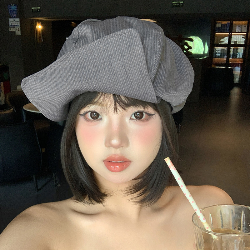 日系复古条纹翻檐贝雷帽女夏季显脸小八角帽大头围灰色帽子画家帽