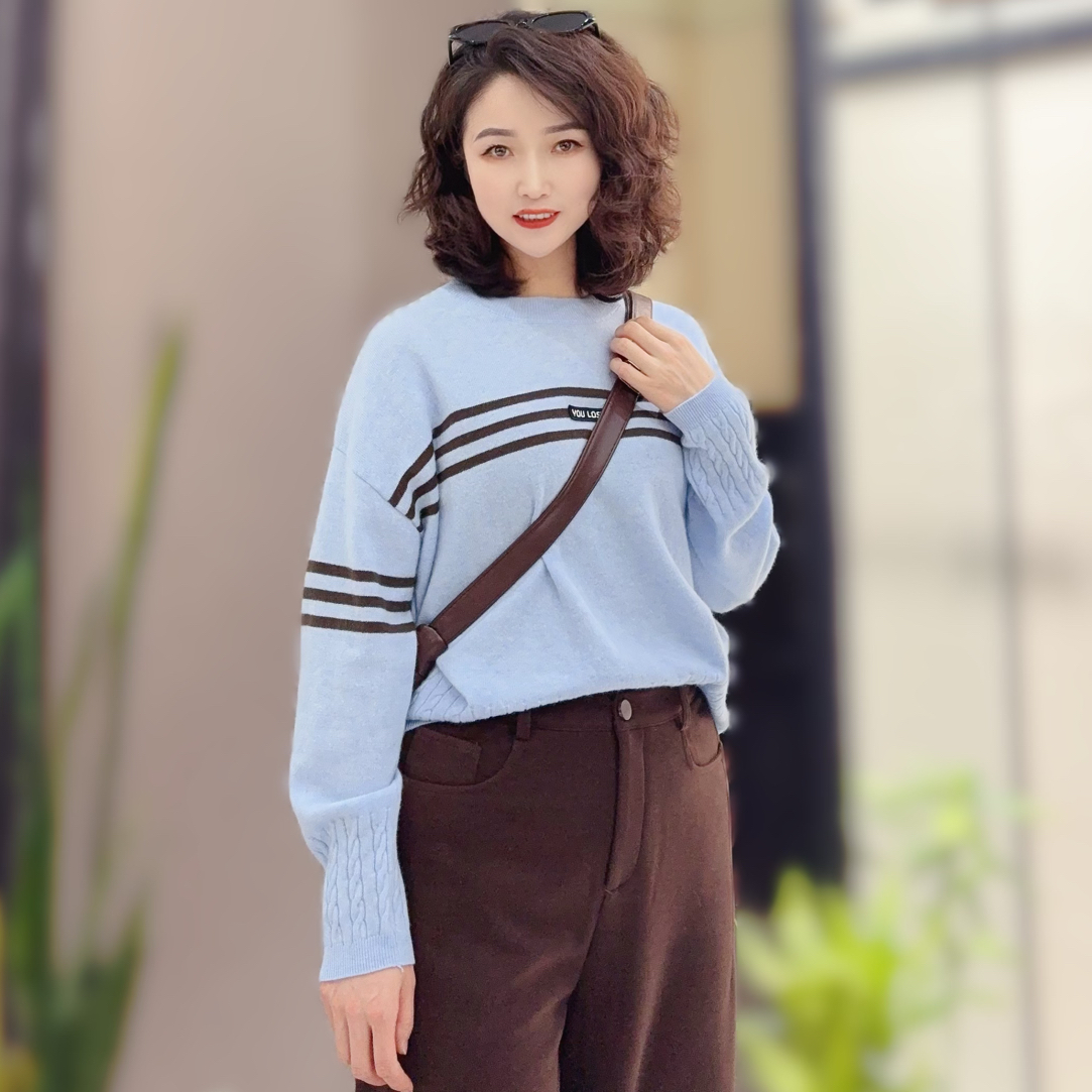 圆领拼接条纹针织轻熟风毛针织衫撞色时尚长袖针织衫