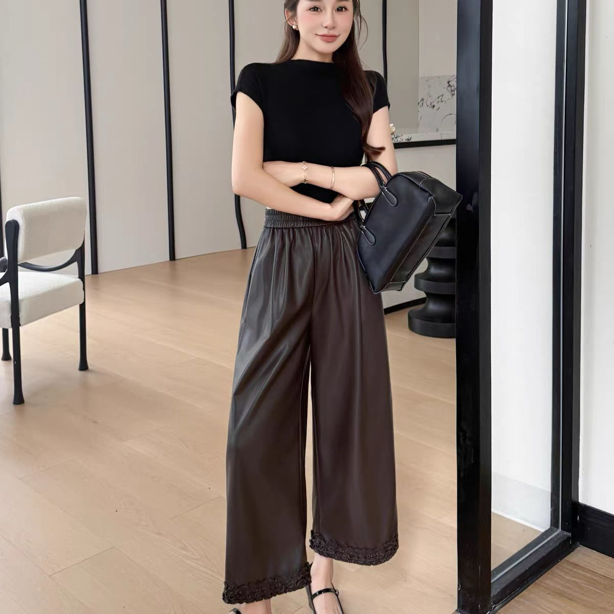 【1860】嘉#木耳边拼接时尚百搭皮裤