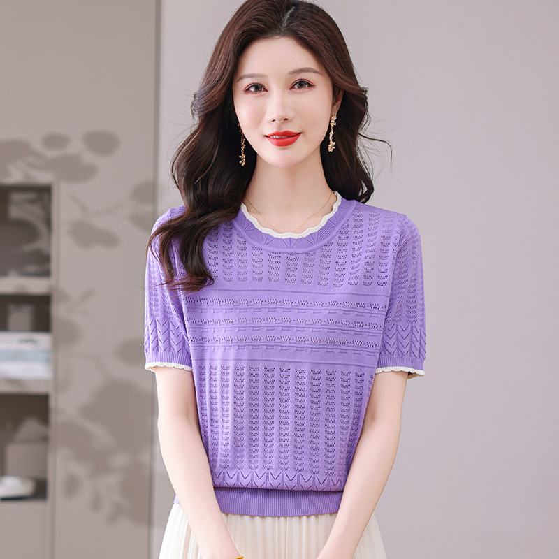 允山黛夏季镂空圆领套头女装短袖T恤衫透气显瘦气质百搭洋气妈妈