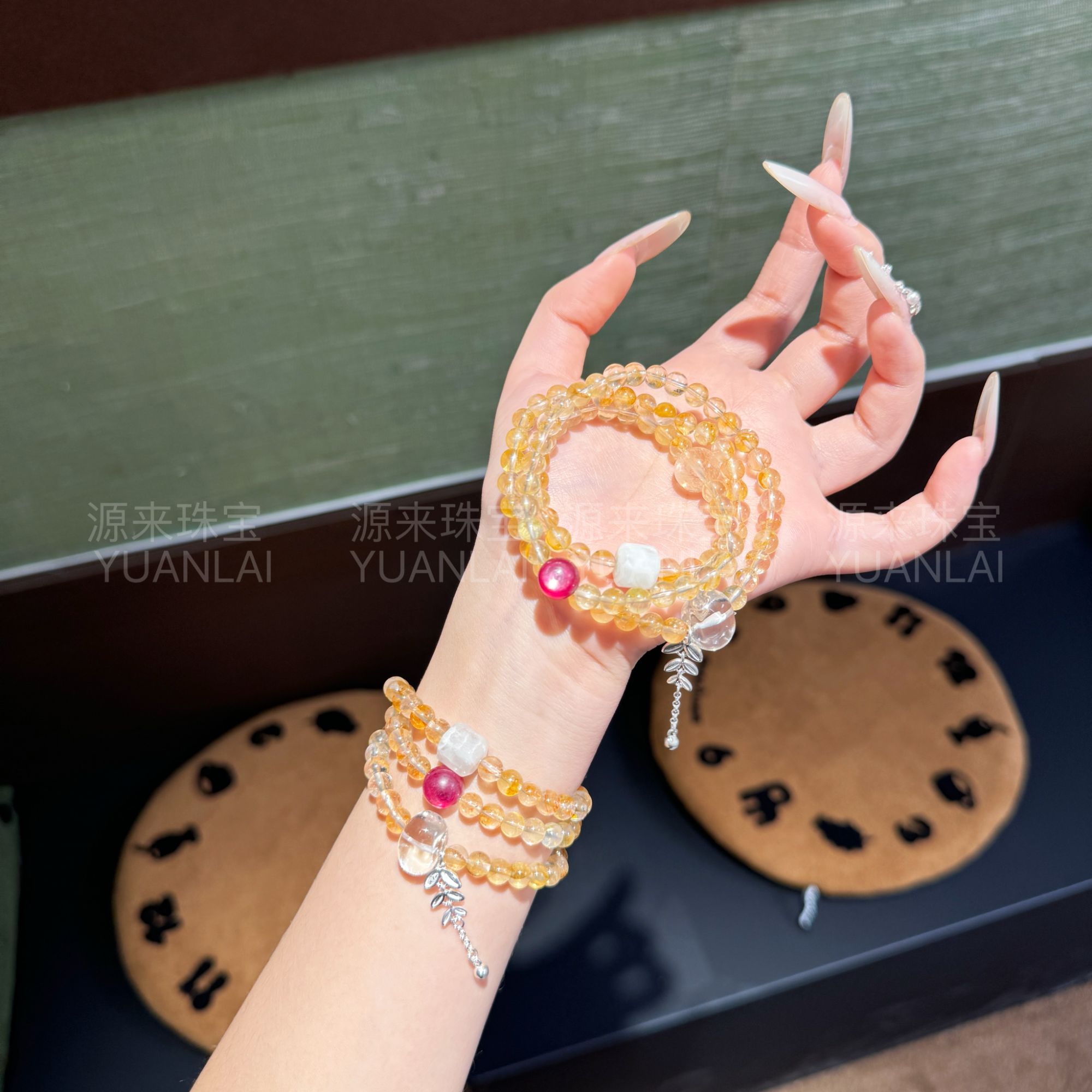E*金纱甜星*黄胶花雪花幽灵白水晶三圈手串YL3360