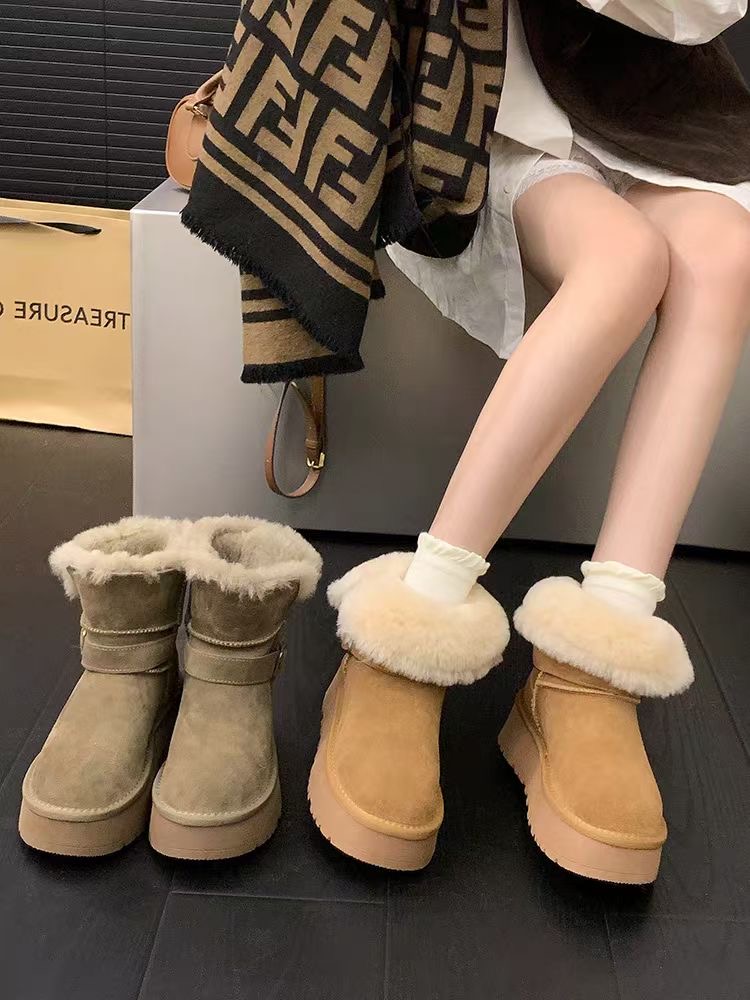 棉鞋平底中筒时尚雪地靴加绒冬季平底高个子雪地靴网红百搭厚底
