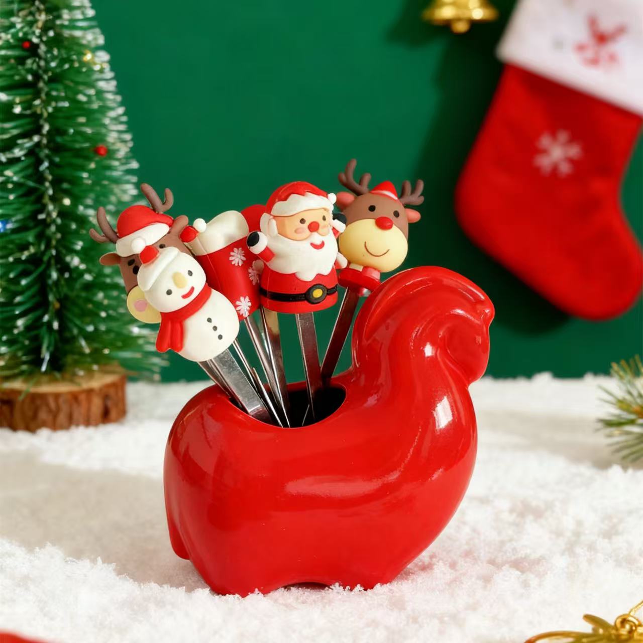 圣诞款陶瓷家用餐具套装马上有钱水果叉手工甜品叉