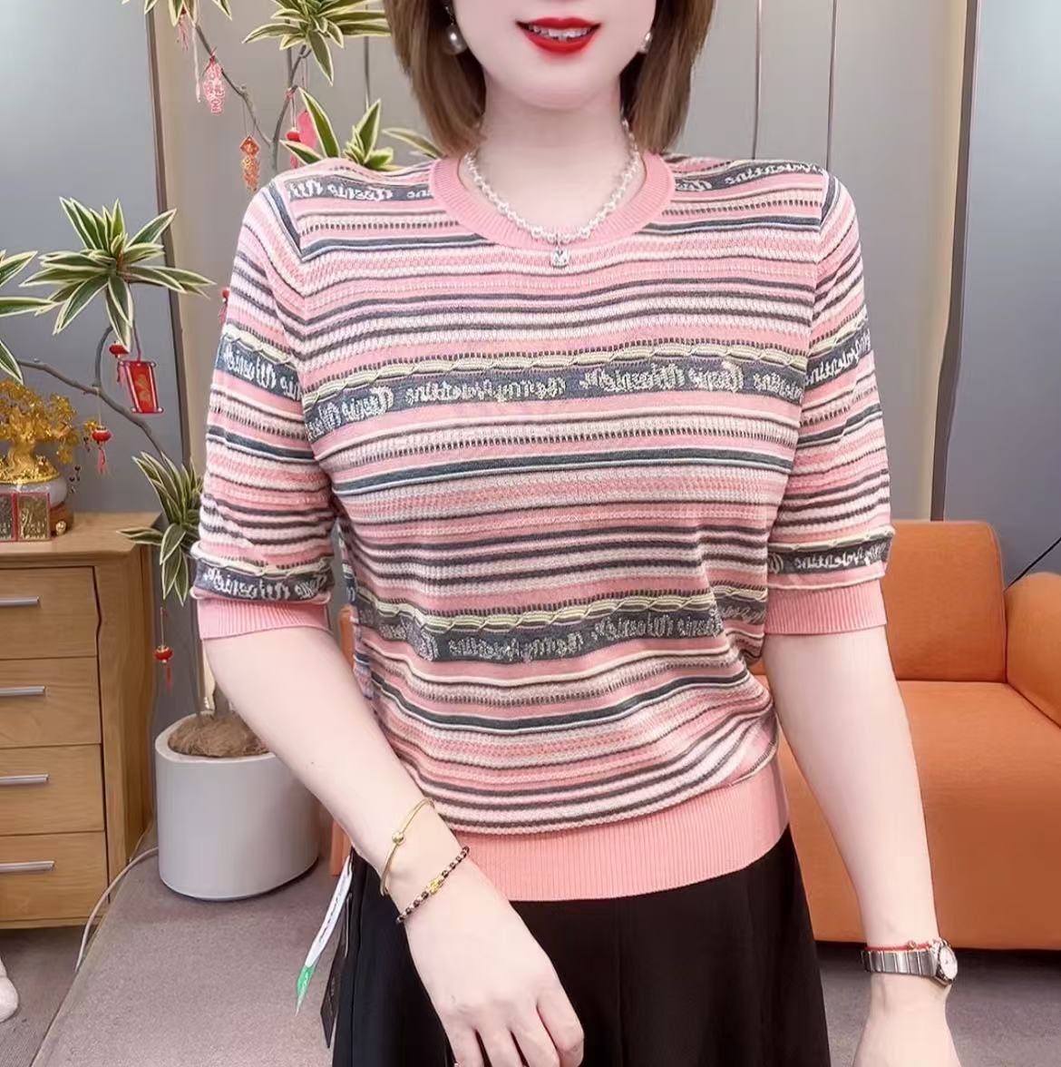 2025 新款洋气提花显瘦天丝条纹衫83115