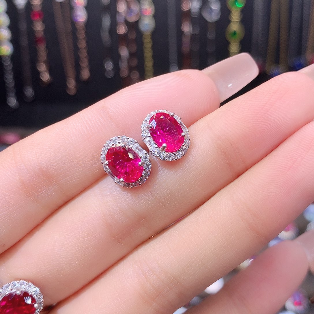 耳饰银S925镶嵌红宝石白68