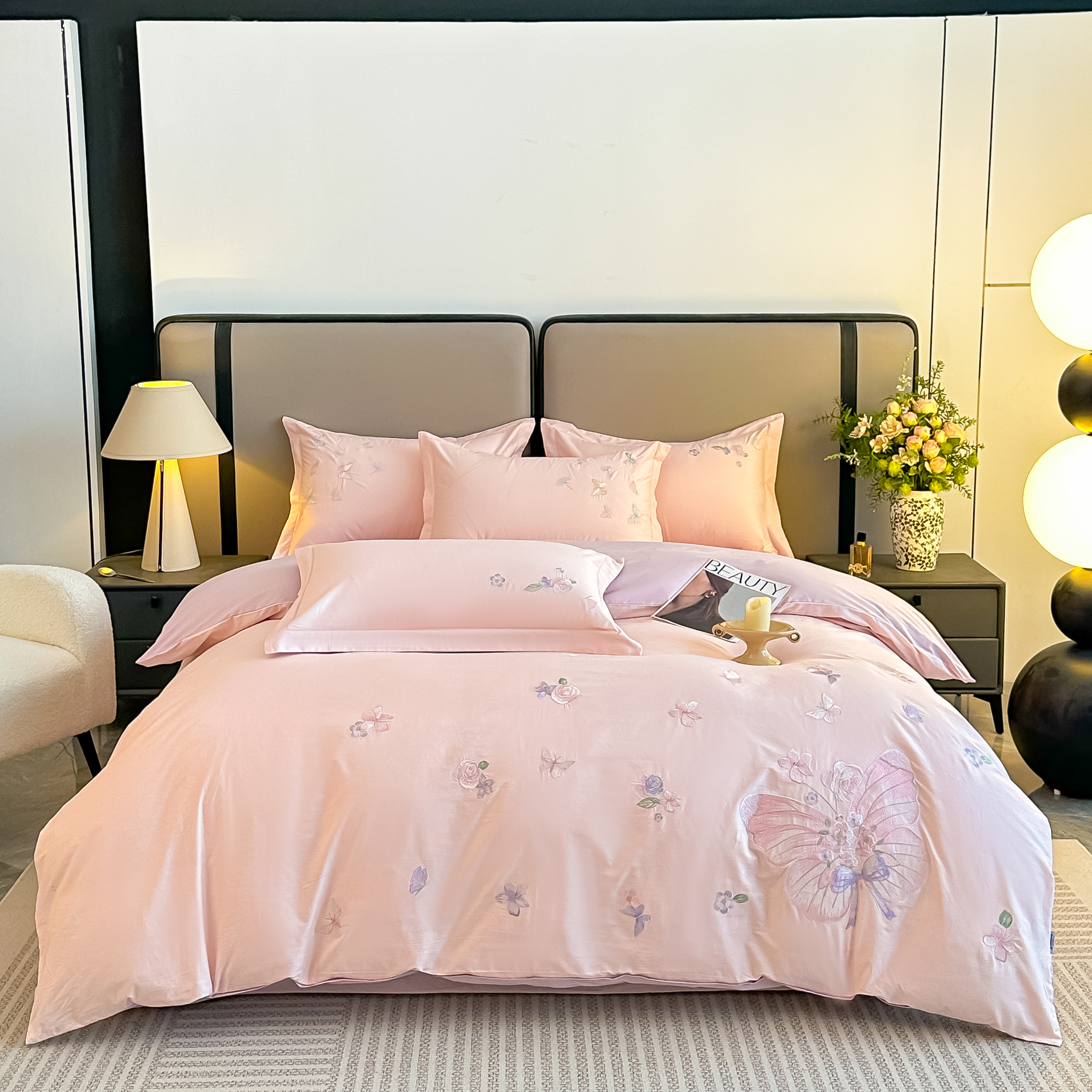 纯棉全棉四季款简约轻奢绣花亲肤床上用品四件套