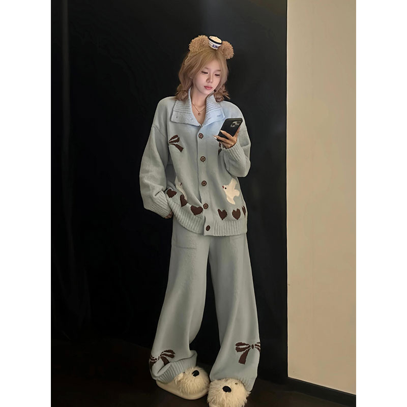 韩系慵懒风卡通半边绒睡衣女秋冬季新款保暖针织可外穿家居服套装