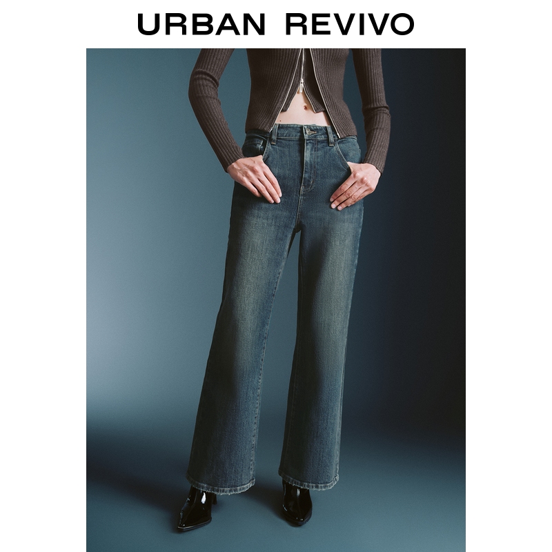 UR2025秋季新款女装摩登中性猫须做旧水洗牛仔长裤UWJ850072+