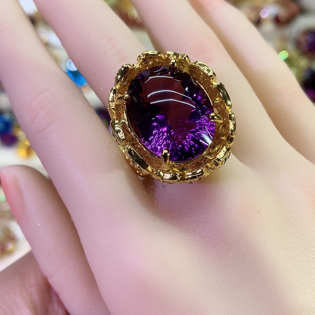紫晶戒指银S925镀金镶嵌