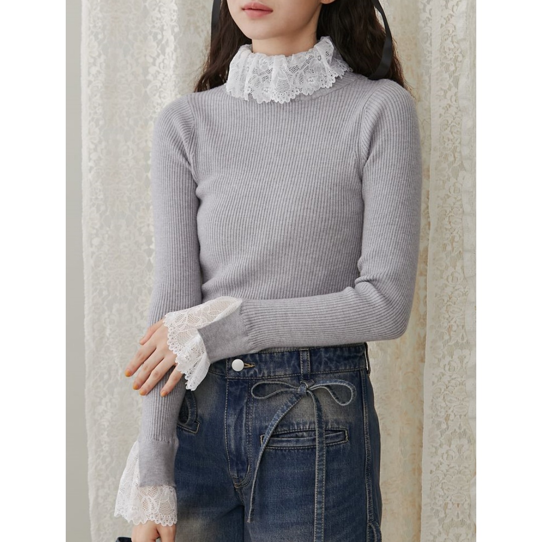 【Montendre】 秋季新款 M 气质时尚蕾丝拼接百搭针织衫上衣