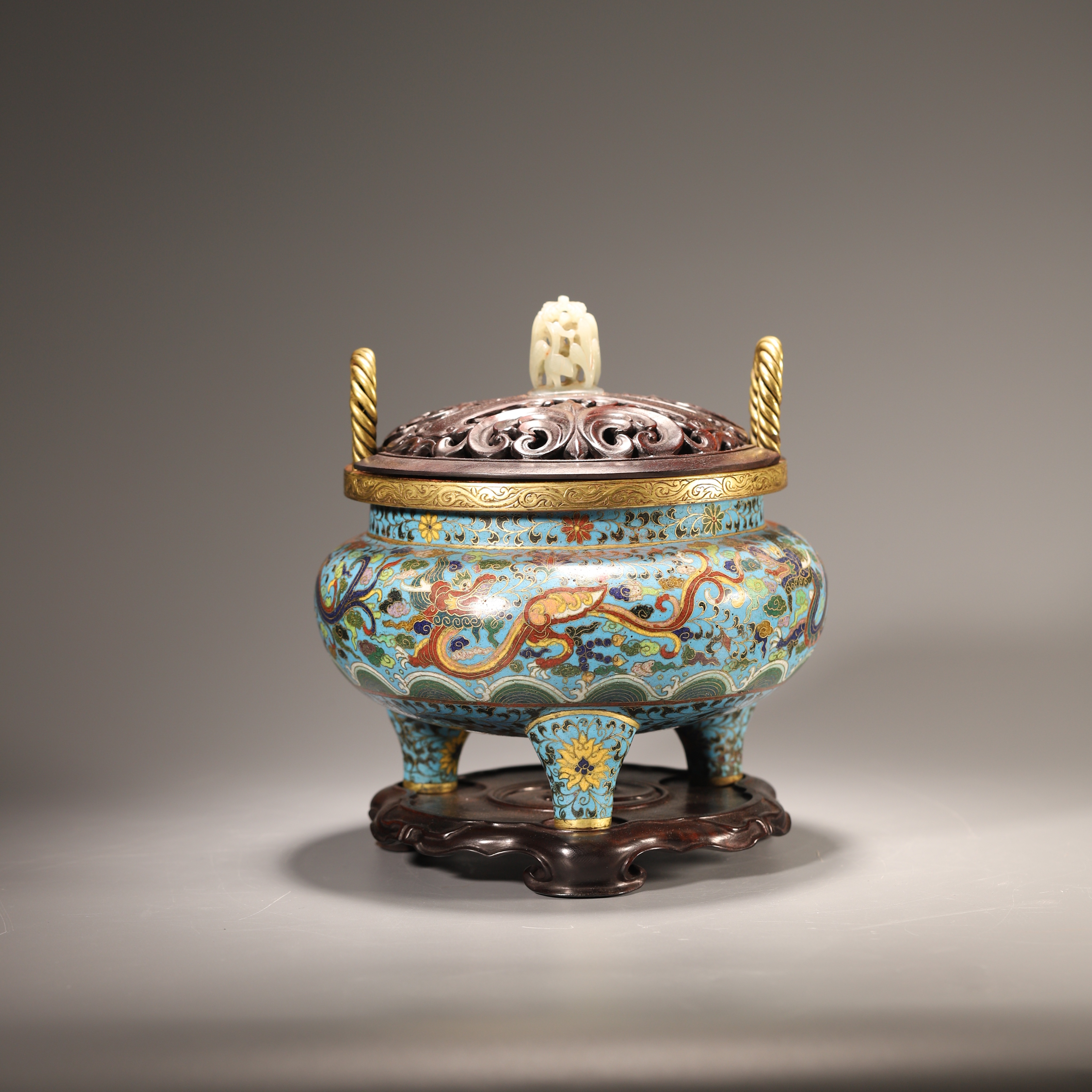 Lot09清代 铜胎景泰蓝绳耳炉