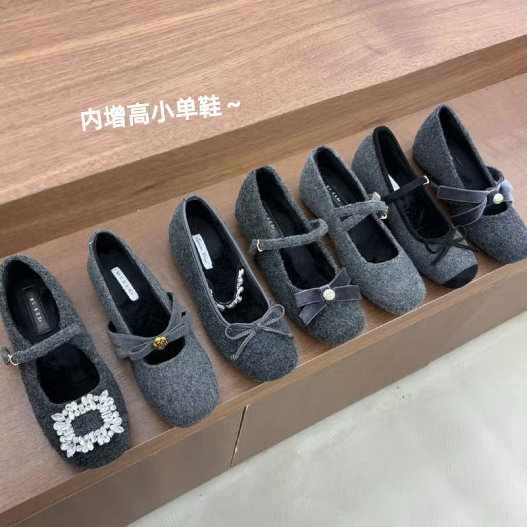 方扣呢子内增高毛毛鞋玛丽珍鞋女晚晚风加绒通勤百搭浅口单鞋秋冬