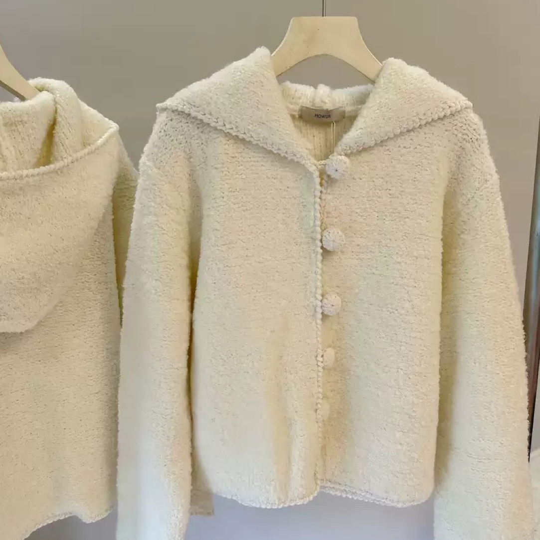 尾～新款毛球连帽针织开衫女秋冬韩系百搭显瘦宽松加厚毛衣外套