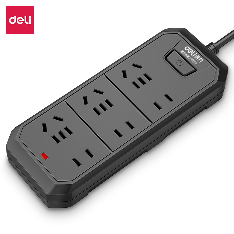 得力18341新国标安全插座延长线插排黑色6孔位2米3米5米一体铜条