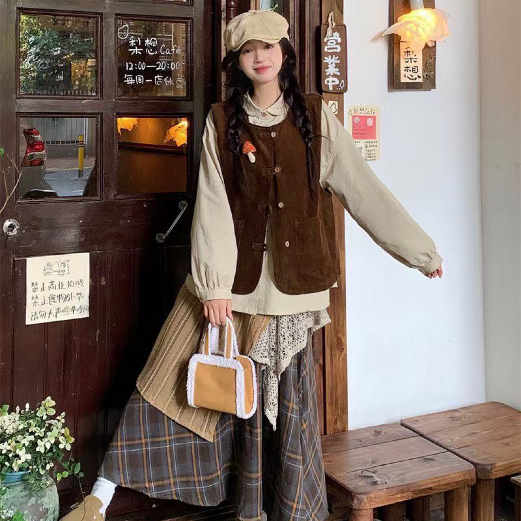 森系复古小个子灯芯绒针织马甲背心搭配长袖衬衫套装