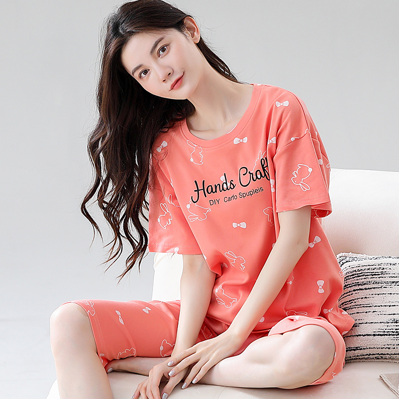 夏季新款纯棉全棉带胸垫七分裤裤短袖甜美休闲网红爆款家居服睡衣