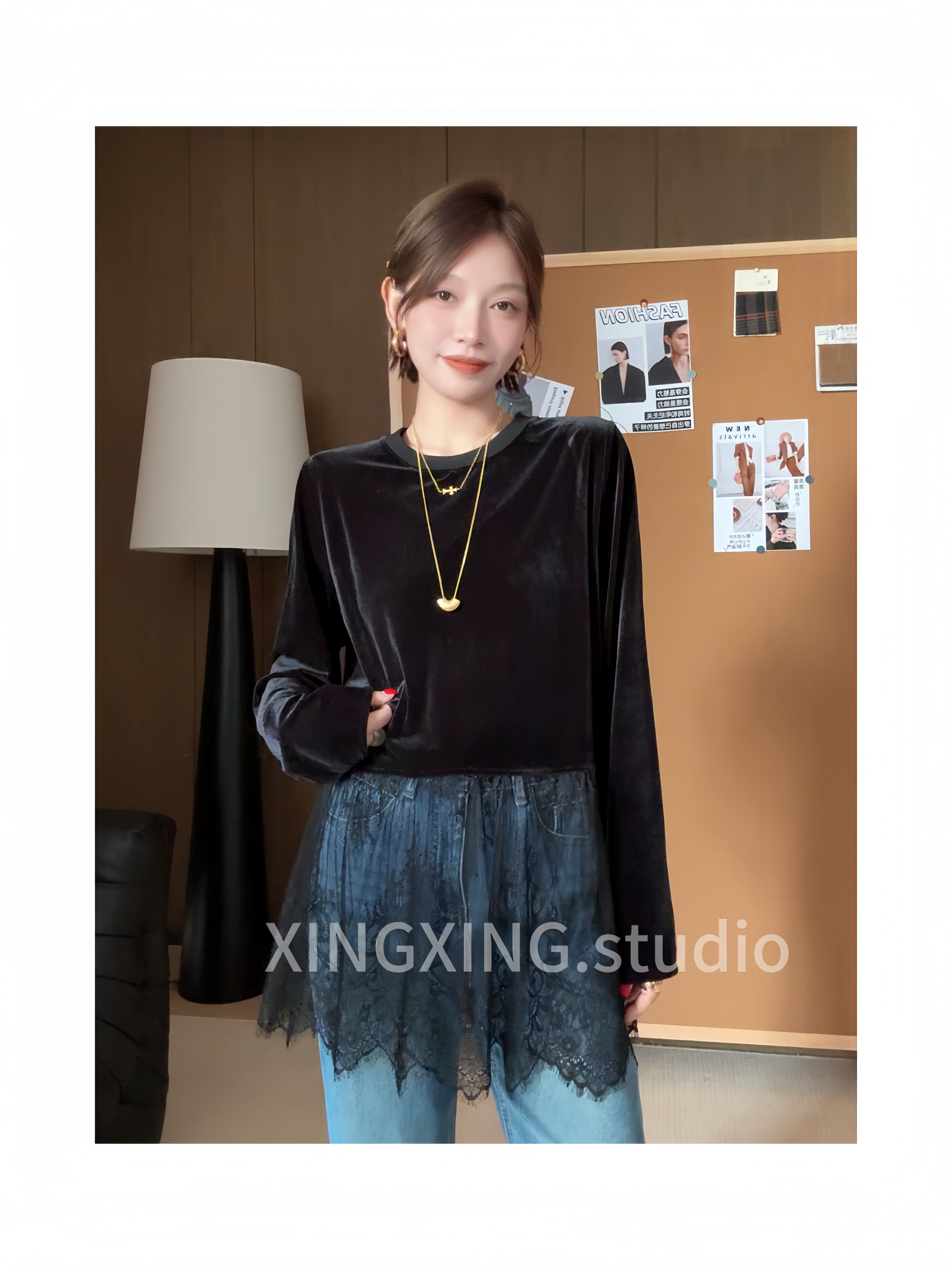 X.x.法式复古拼接丝绒长袖T恤女新款修身打底衫气质上衣20015